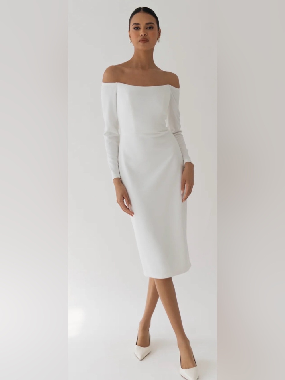 Jenny Yoo Ayla 
Off-the-Shoulder Long Sleeve White Midi Dress